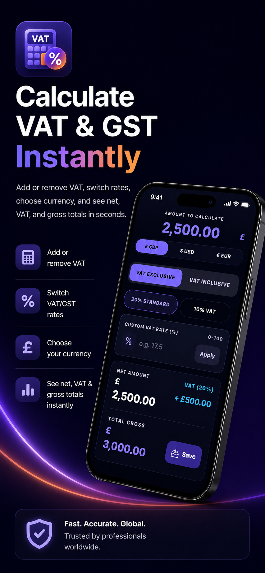 VAT Calculator Pro+ iOS App calculations screen