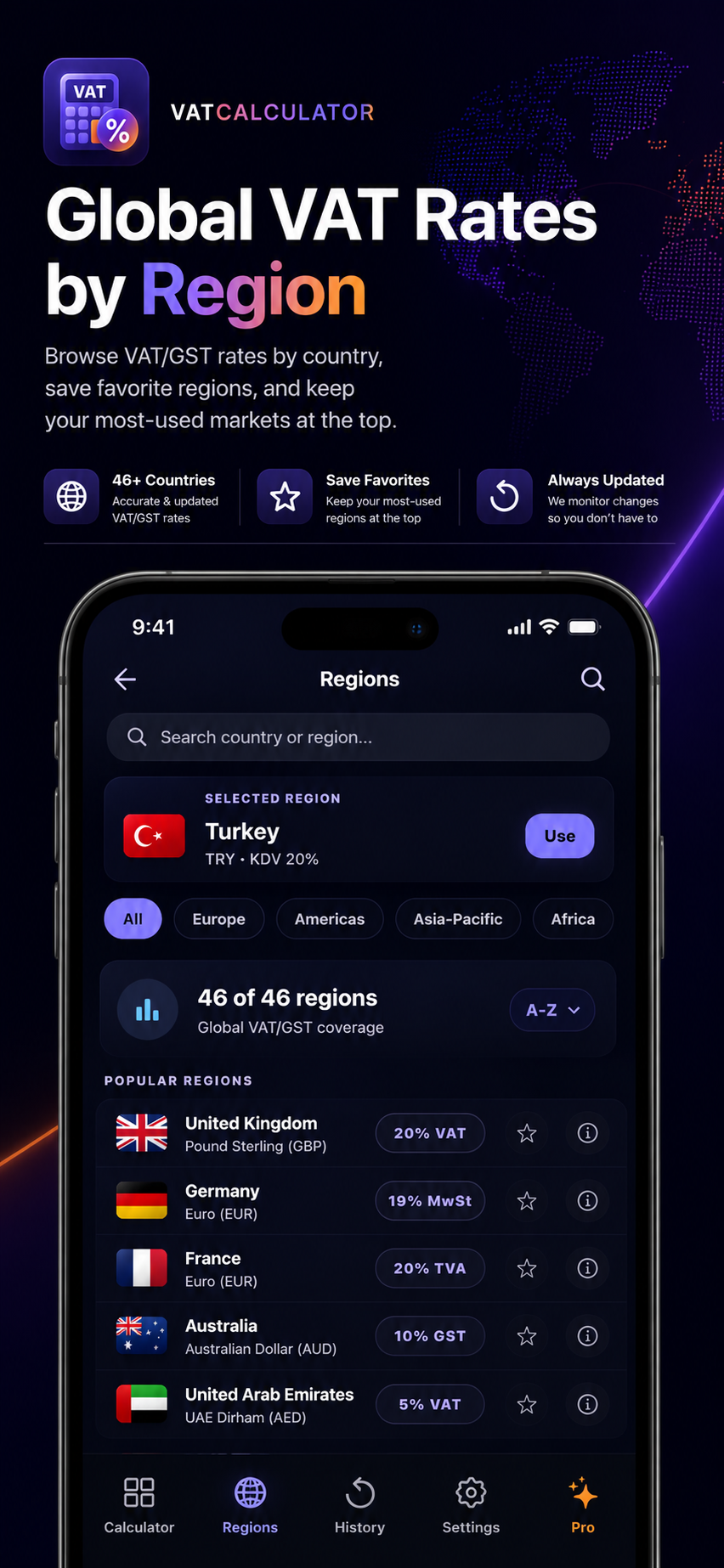 VAT Calculator Pro+ iOS App history & regions screen