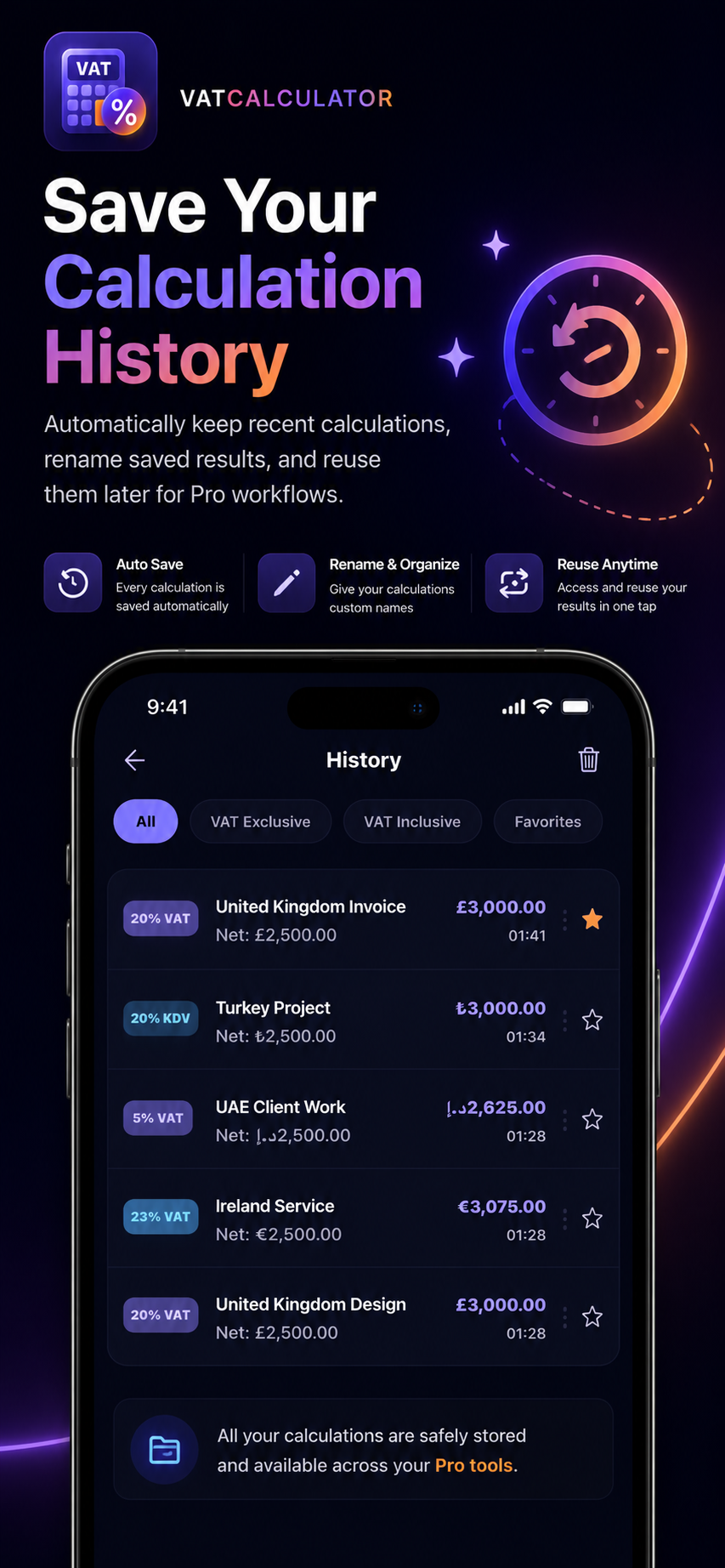 VAT Calculator Pro+ iOS App invoices list screen