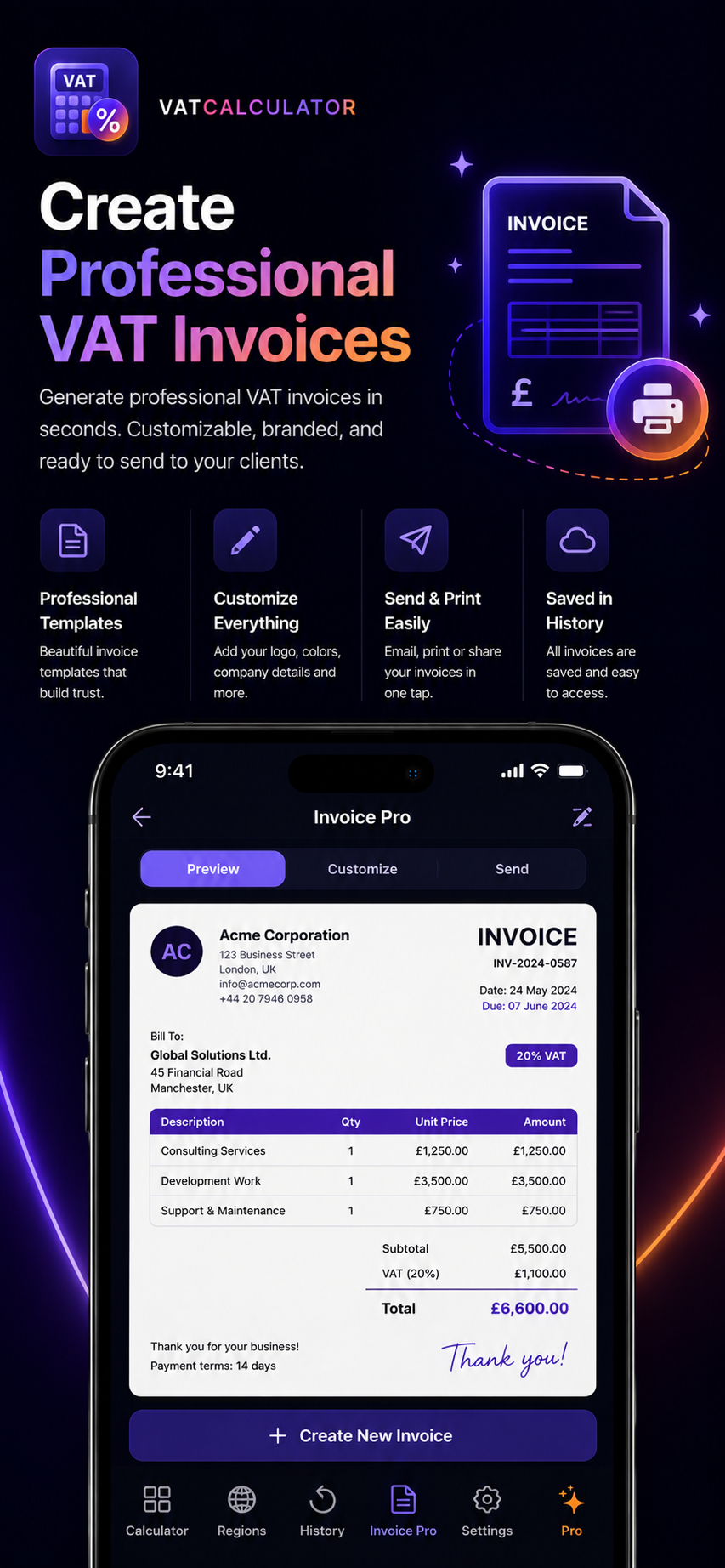 VAT Calculator Pro+ iOS App settings & brand kit screen